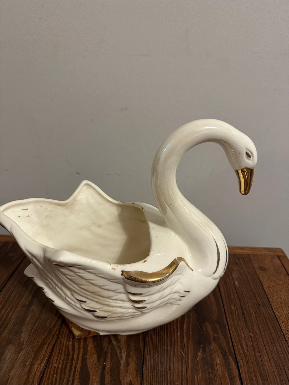 Cream Ceramic Swan Planter with Gold Beak and Wing Details